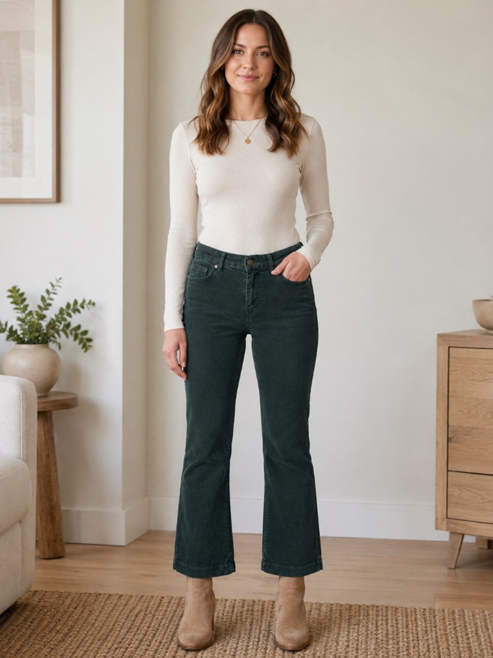 Ann Mashburn Kendall Flare Pants Women’s 26 Teal Green Corduroy 5 Pocket